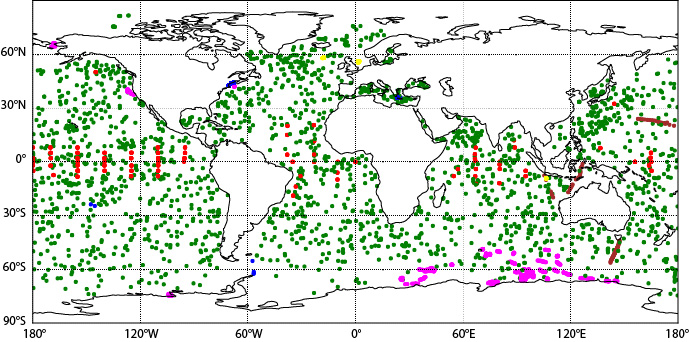 Typical in-situ ocean observation coverage used for the initialisation of the ocean subsurface in the ECMWF coupled forecasting systems