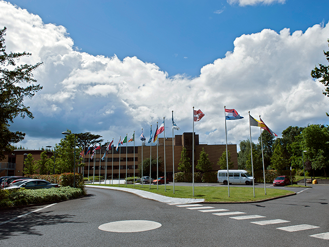 ECMWF building and flags in Reading, UK