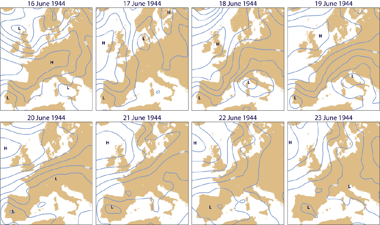 ERA-CLIM surface-pressure analyses (contour interval: 4 hPa) for 00 UTC from 16 to 23 June 1944.