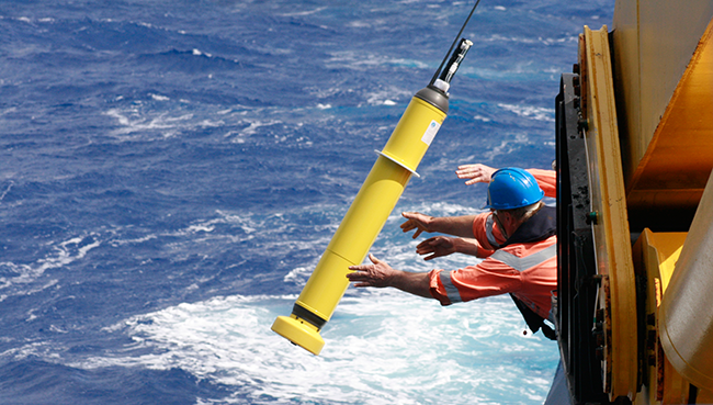 An Argo float is deployed into the ocean