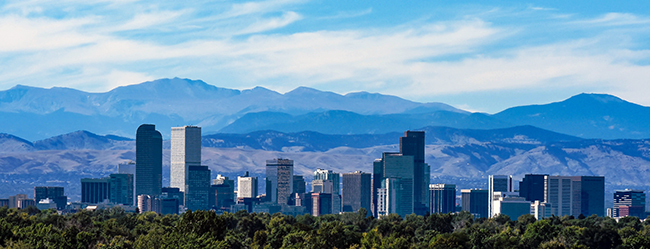 Skyline of Denver, Colorado, with Rocky Mountains