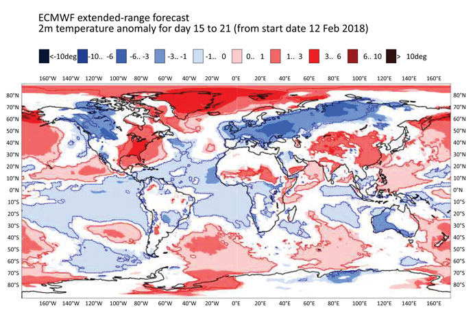 An example of an ECMWF extended-range forecast. The image shows 2 m temperature anomaly for 26 Feb to 4 Mar 2018 (days 15 to 21), based on a forecast from 12 Feb 2018. Derived from an ensemble of 51 members. Shaded areas are significant at the 10% level.