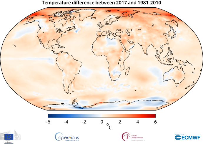 Temperature differences between 2017 and 1981 to 2010