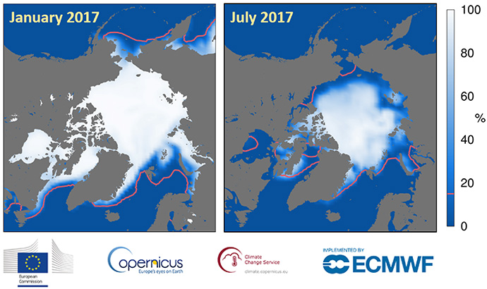 Arctic sea ice cover map January and July 2017