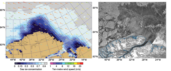 Forecast chart and satellite image of opening in sea ice off Greenland