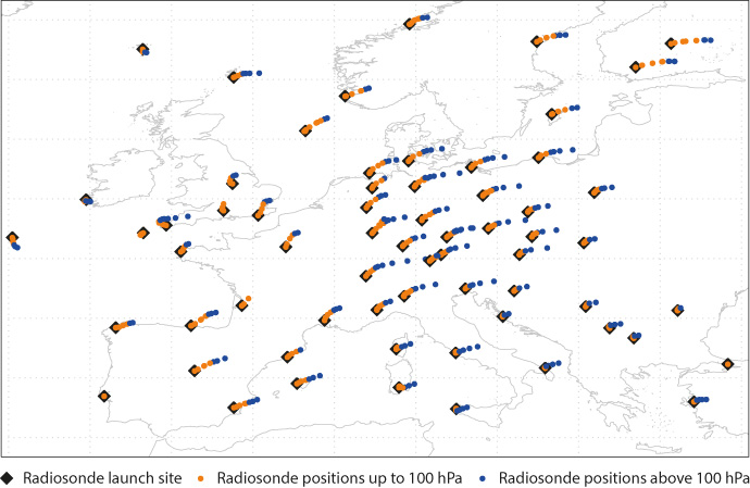Chart showing radiosonde drift over Europe on 21 November 2016
