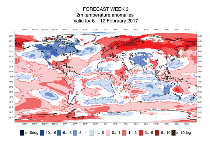 Ensemble mean 2m temperature anomaly for 6–12 February 2017 from a forecast on 23 January (i.e. looking 15 to 21 days ahead)