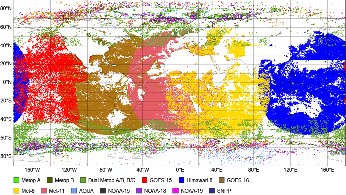 Typical coverage of active atmospheric motion vector (AMV) data for a 12-hour assimilation cycle (00 UTC, 7 March 2019)
