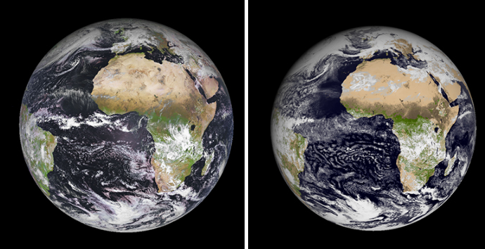 EUMETSAT’s Meteosat Second Generation (MSG-4) on 10 February 2019 at around 12h UTC (left) and corresponding pseudo-image generated from an 84-hour 9-km resolution ECMWF forecast initialised from operational analysis (right).