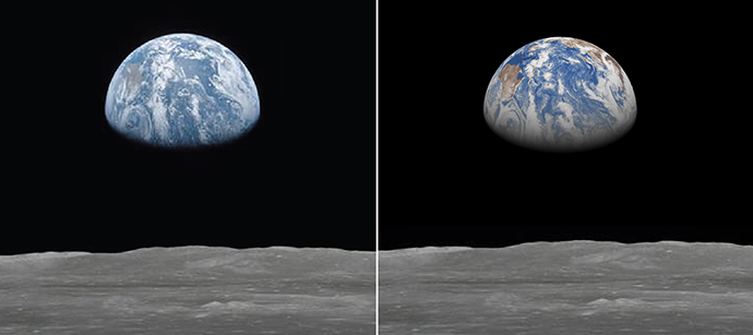 NASA Apollo 11 image of the Earth above the Moon taken 20 July 1969 at around 05h UTC (left) and corresponding pseudo-image generated from a 29-hour 28-km resolution ECMWF forecast initialised from ERA40 data (right).