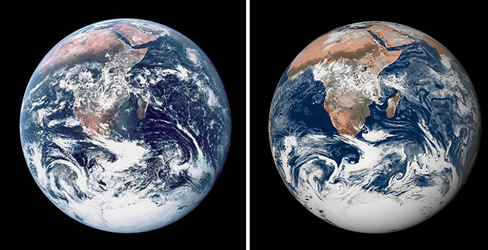 NASA Apollo 17 image of the Earth taken on 7 December 1972 at 10h39 UTC (left) and the corresponding pseudo-image generated from an 11-hour 9-km resolution ECMWF forecast initialised from ERA5 reanalysis (right).
