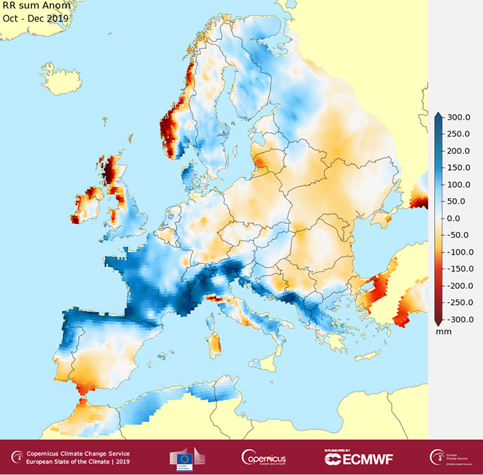 European State of the Climate 2019: precipitation anomaly chart