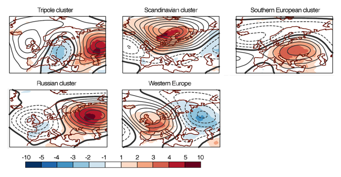 Five heatwave patterns represented as composites of daily mean 2-metre temperature and geopotential height at 500hPa anomaly 