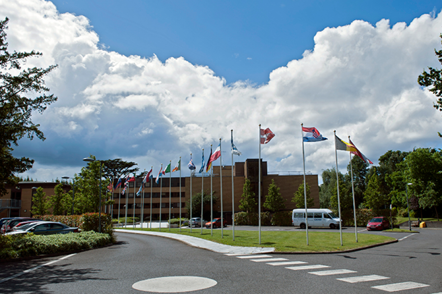 ECMWF building and flags in Reading, UK